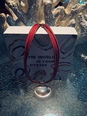 Multi-Strand Red Suede Leather Corded Statement Necklace w/Silver Dome Pendant